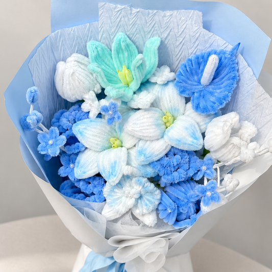 Blue Frost close-up showing handmade chenille flower texture, wrapping folds and ribbon details.