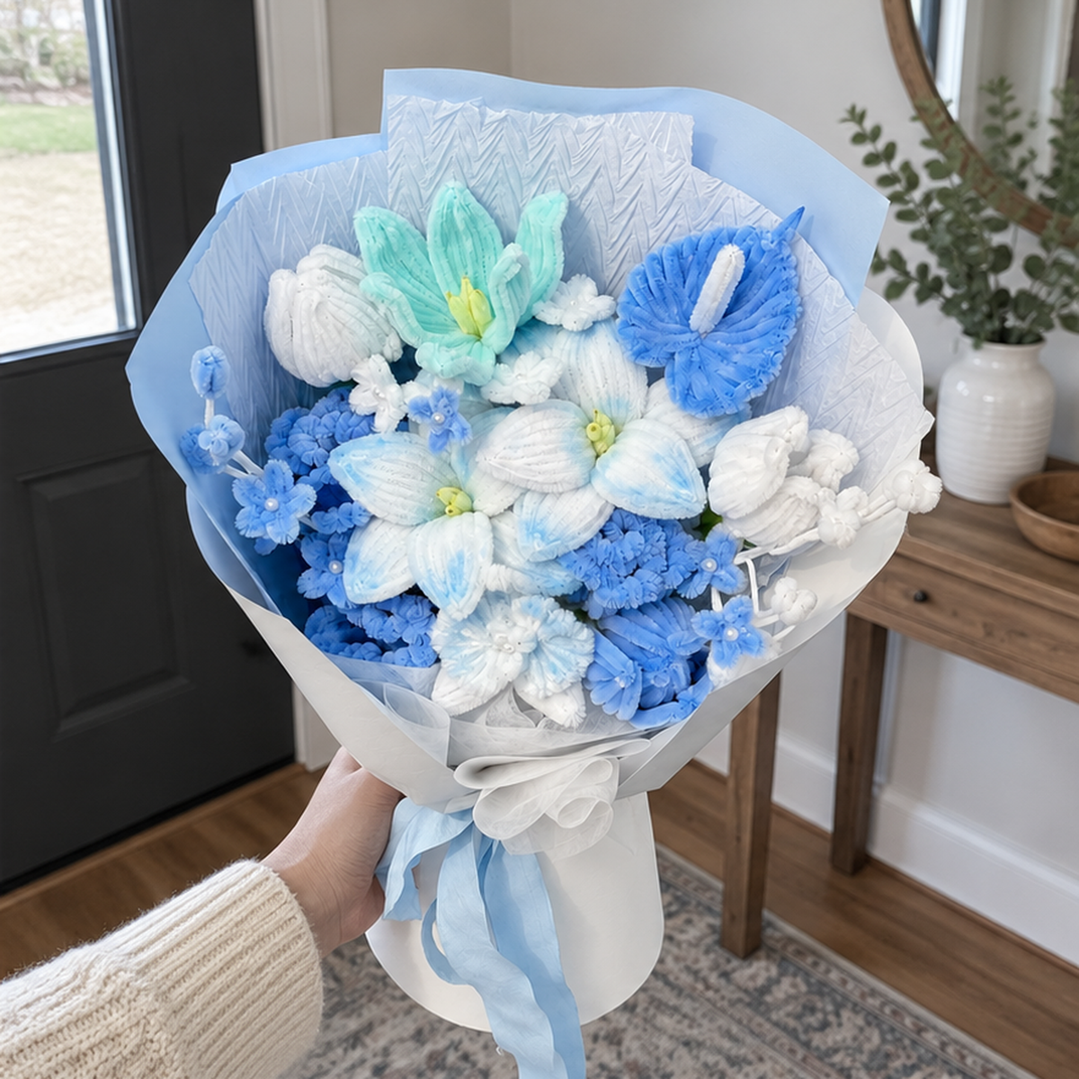 Blue Frost held naturally in a home gifting setting.