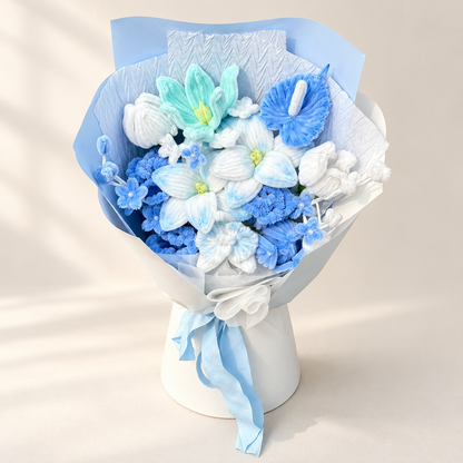 Blue Frost handmade chenille flower bouquet in its finished decorative wrapping.