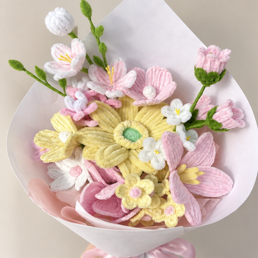 Spring Serenade close-up showing handmade chenille flower texture, wrapping folds and ribbon details.