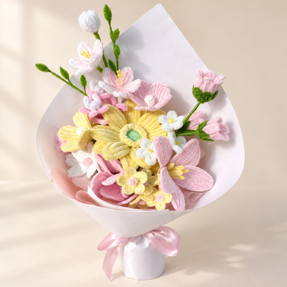 Spring Serenade handmade chenille flower bouquet in its finished decorative wrapping.