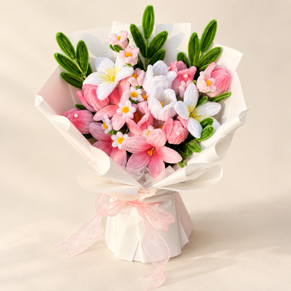Blush Tulip handmade chenille flower bouquet in its finished decorative wrapping.