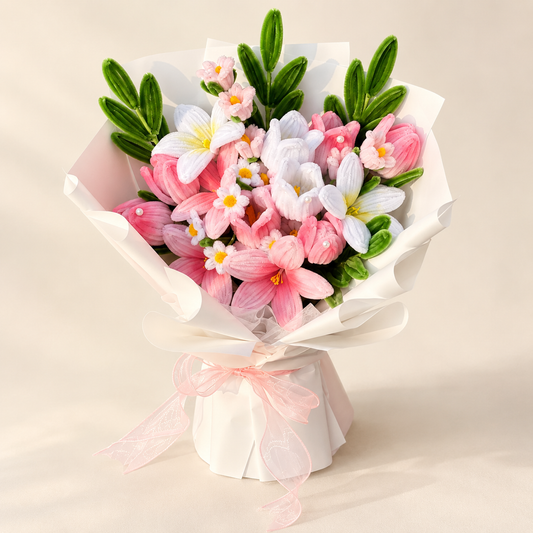 Blush Tulip handmade chenille flower bouquet in its finished decorative wrapping.