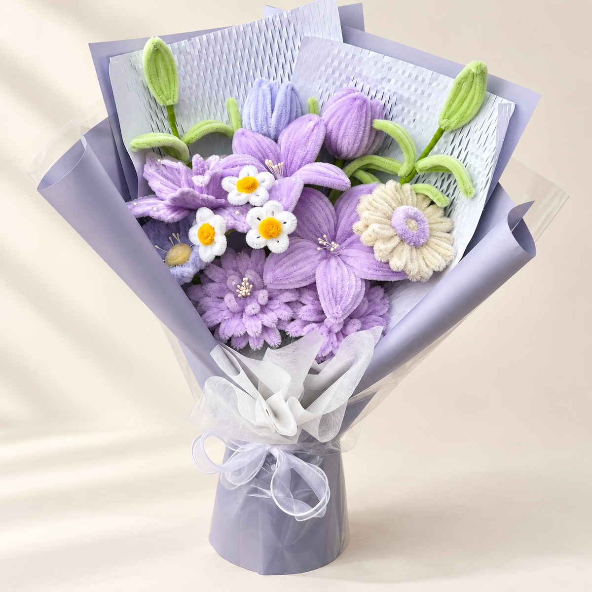 Violet Daisy handmade chenille flower bouquet in its finished decorative wrapping.