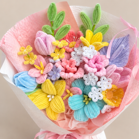 Pastel Joy close-up showing handmade chenille flower texture, wrapping folds and ribbon details.