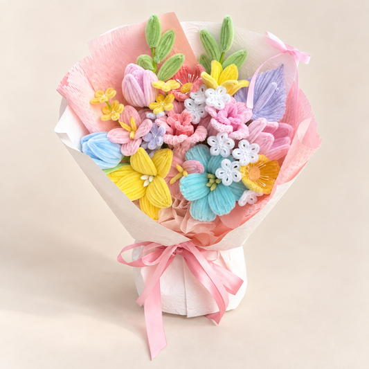 Pastel Joy handmade chenille flower bouquet in its finished decorative wrapping.