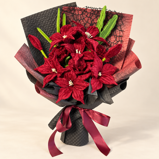 Burgundy Lily handmade chenille flower bouquet in its finished decorative wrapping.
