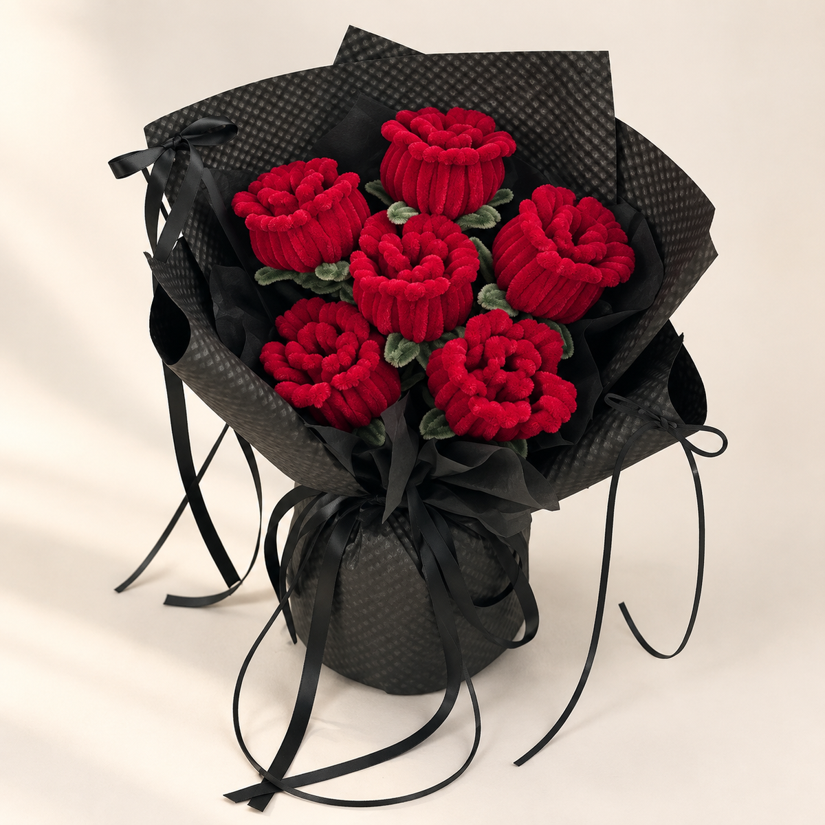 Midnight Roses handmade chenille flower bouquet in its finished decorative wrapping.