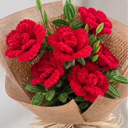 Rustic Red Roses close-up showing handmade chenille flower texture, wrapping folds and ribbon details.