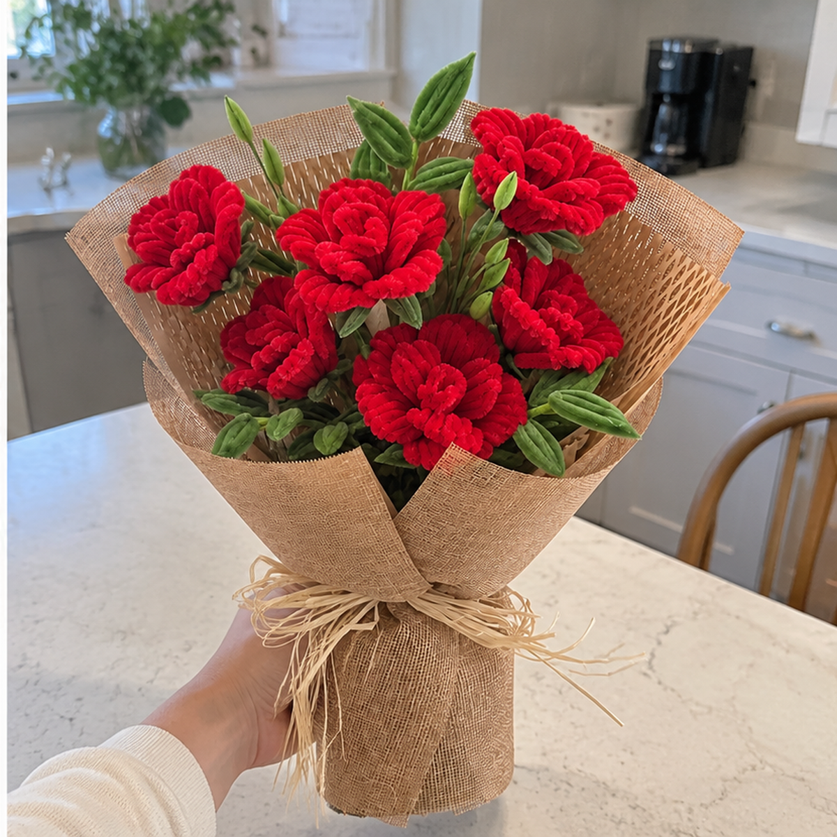 Rustic Red Roses held naturally in a home gifting setting.