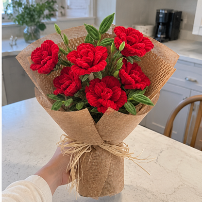 Rustic Red Roses held naturally in a home gifting setting.