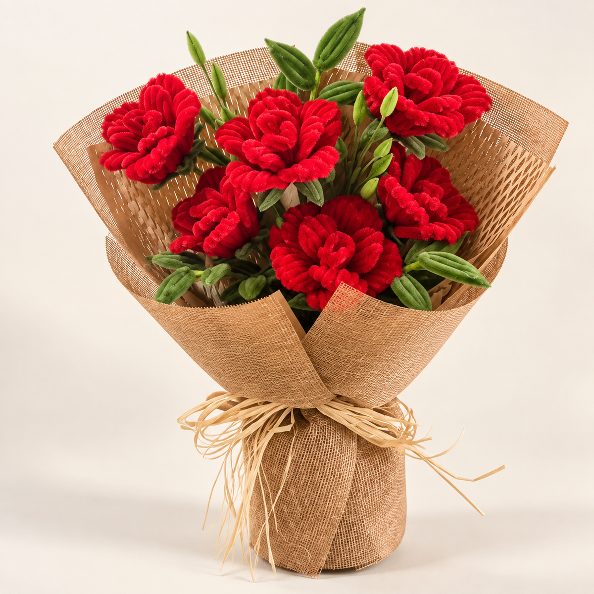 Rustic Red Roses handmade chenille flower bouquet in its finished decorative wrapping.