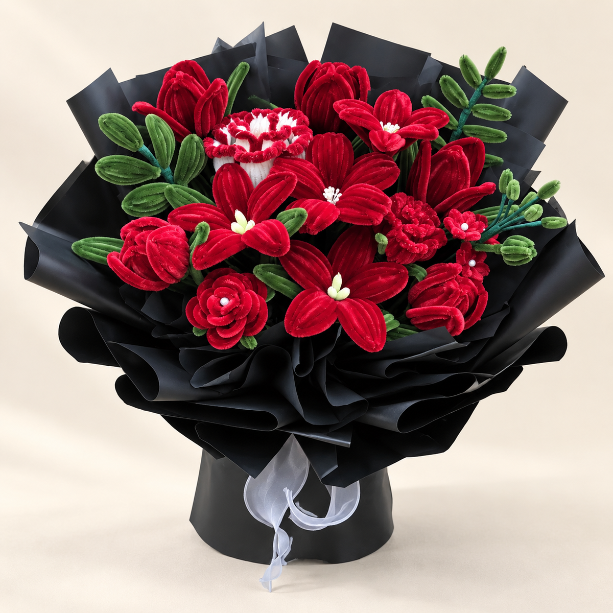 Wine Garden handmade chenille flower bouquet in its finished decorative wrapping.