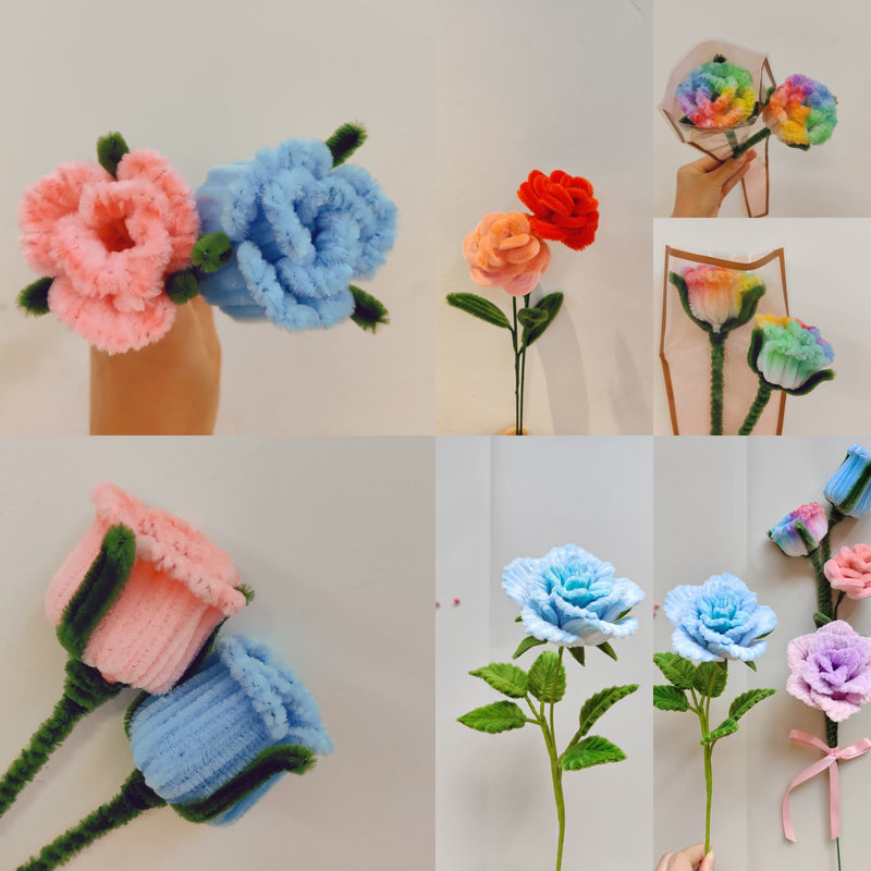Five handmade chenille rose styles shown in original craft photos