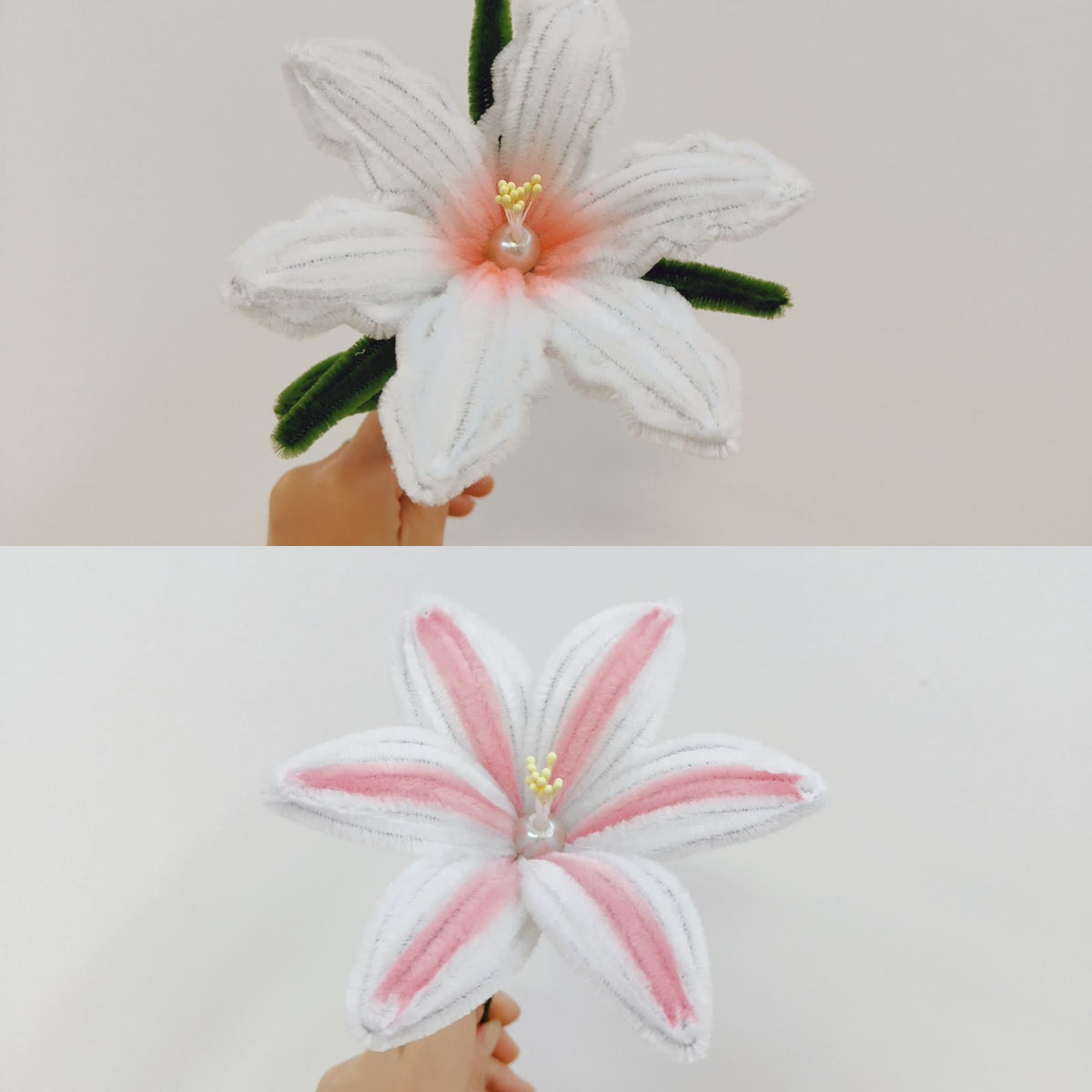 Two lily styles taught in the chenille flower tutorial
