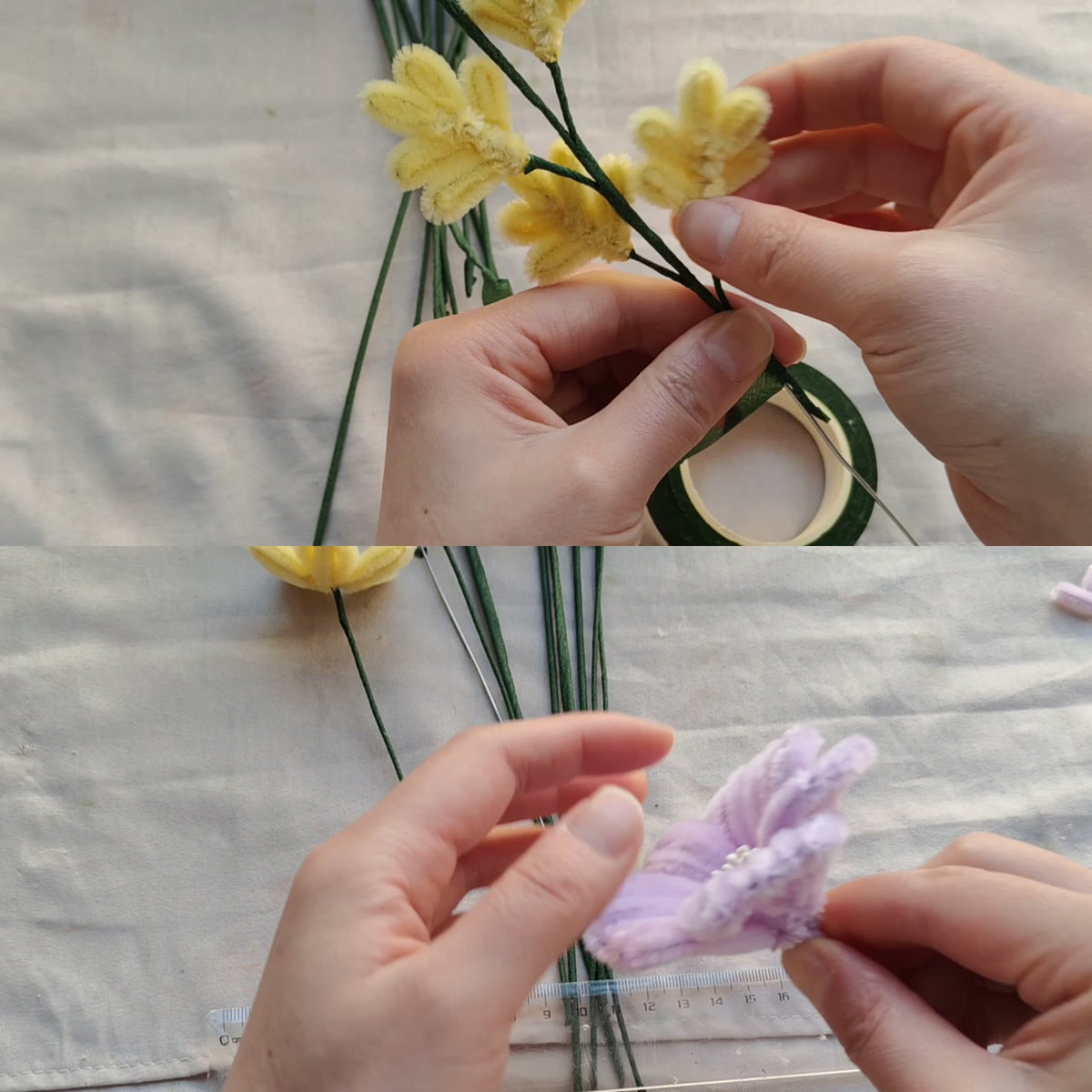 Yellow leaves and purple chenille flower shown in two lesson frames