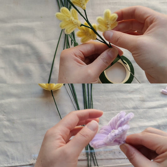 Yellow leaves and purple chenille flower shown in two lesson frames
