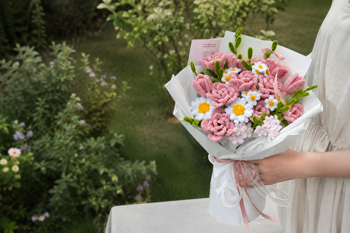 Vela Muse finished handmade chenille bouquet held as a gift