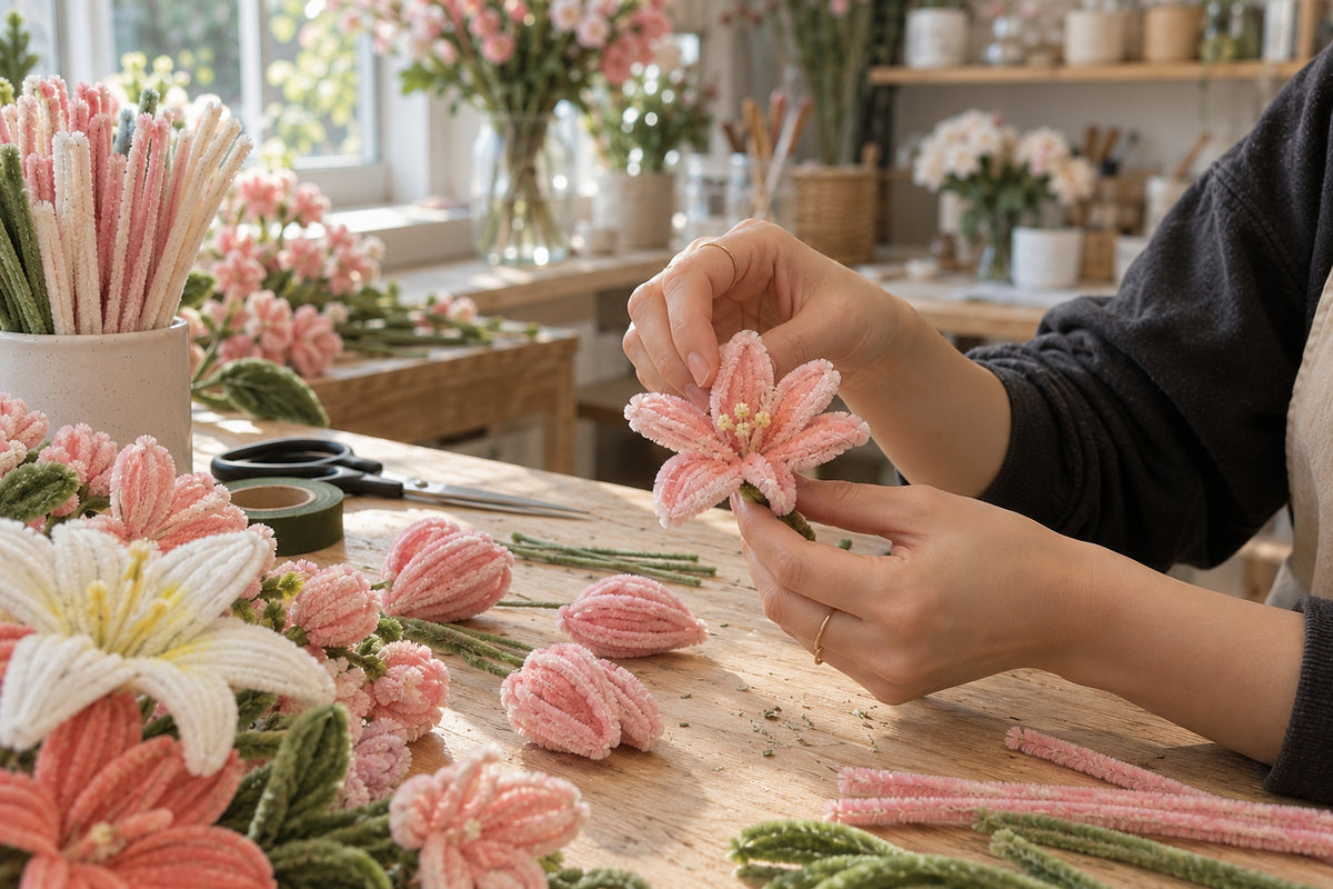 Hands adjusting the petals of a pink chenille flower over a wooden workbench.