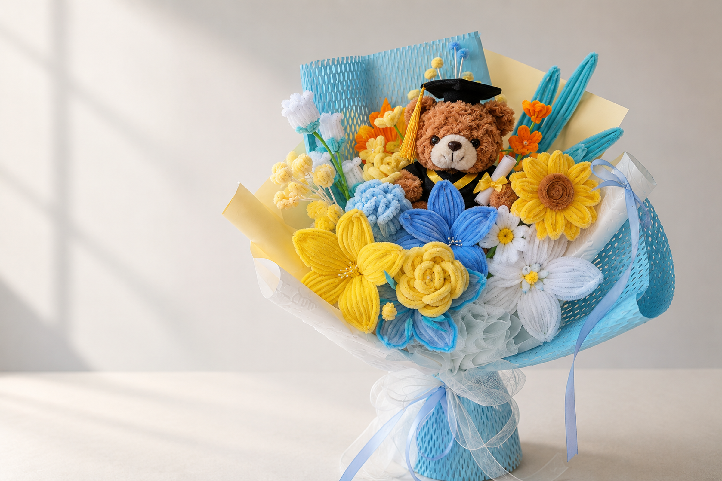 Graduation keepsake bear arranged securely inside a handmade bouquet