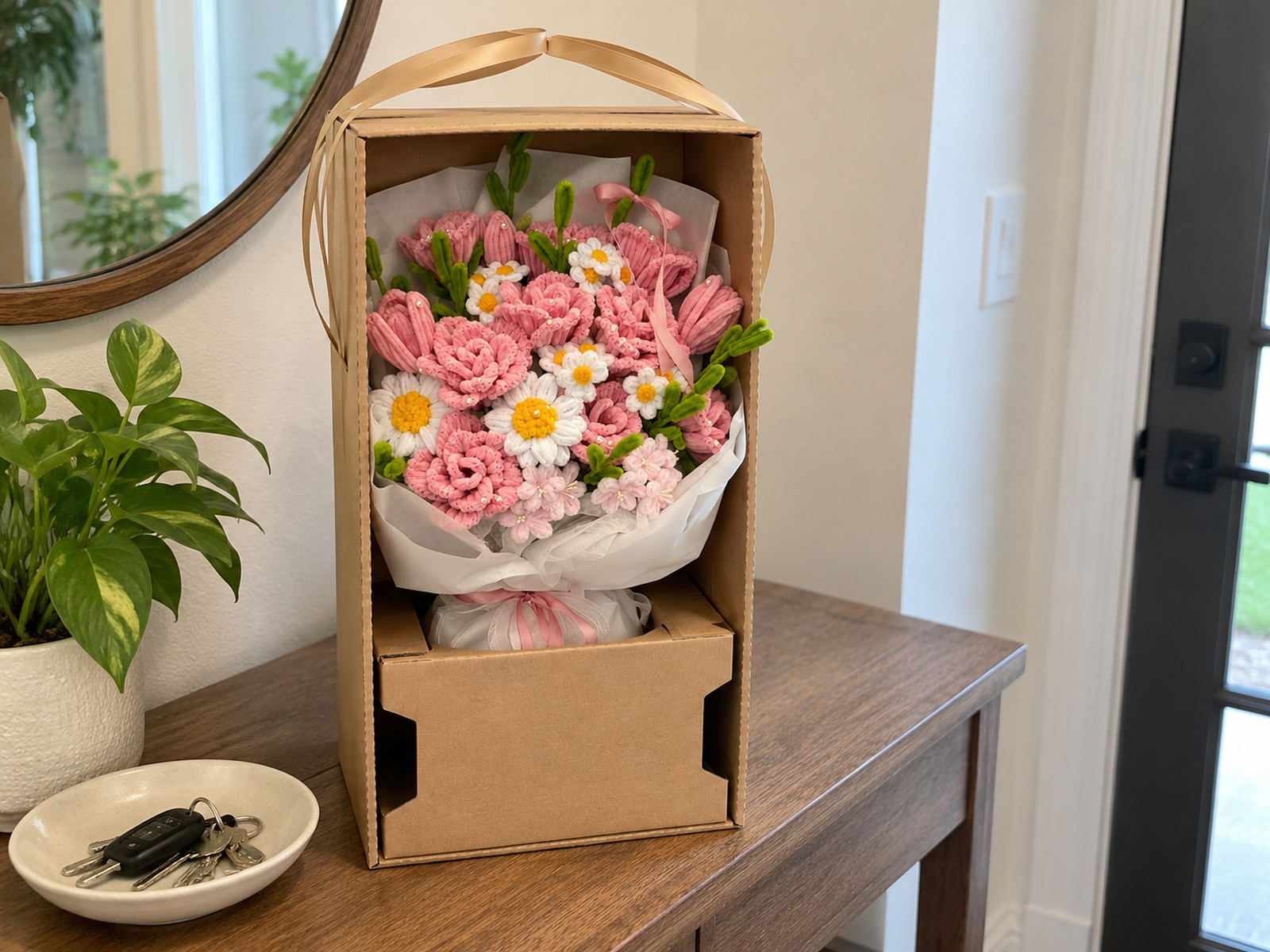 Finished handmade bouquet presented inside the upright Vela Muse gift box
